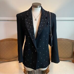 Vintage 80s Black 100% Wool Blazer Jacket Embellished Rhinestones Power Dressing